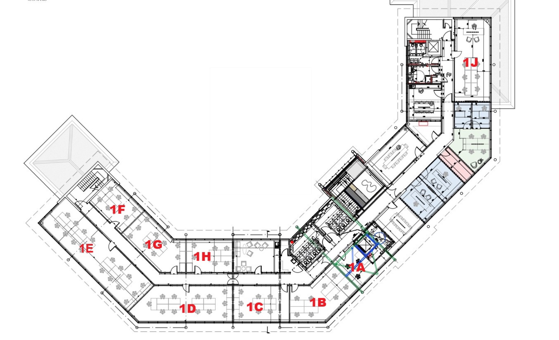 First floor plan of Ruby House showing suites 1A to 1J arranged around a central core.