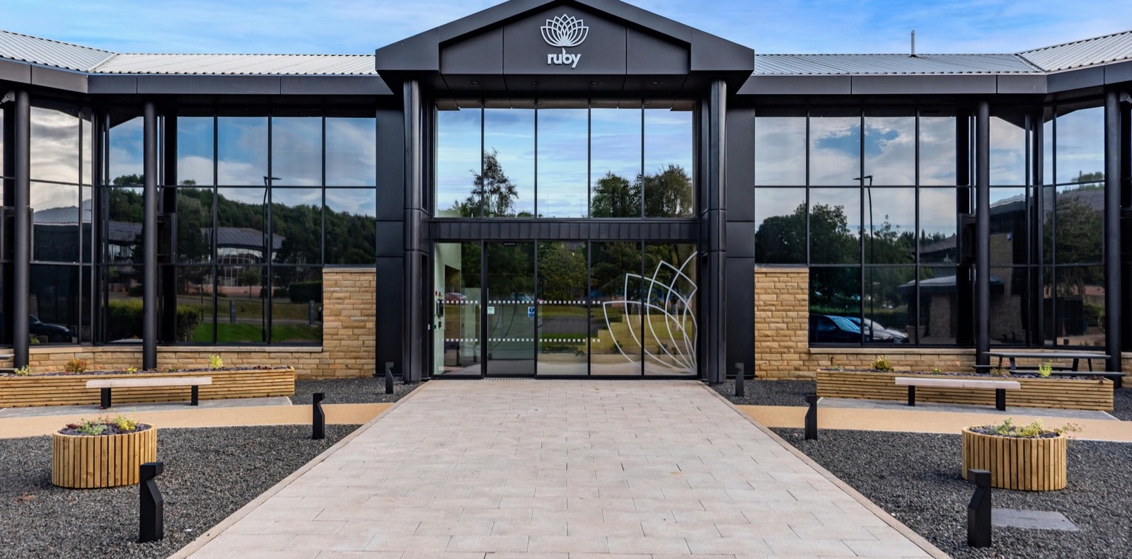 Open-plan office suite with carpet tiles, suspended ceiling and large windows.